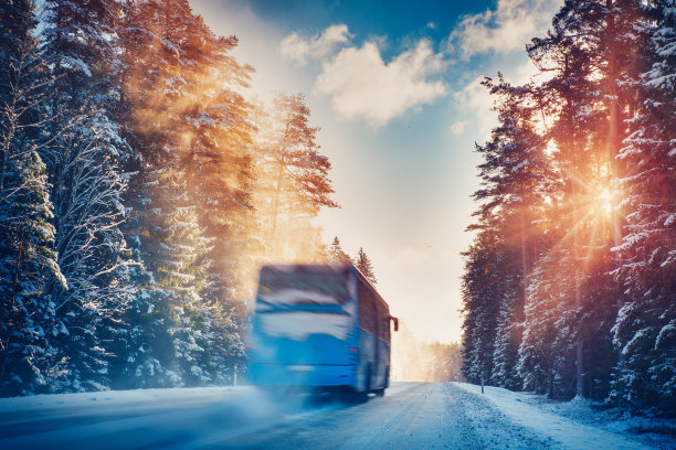 在美丽的冬日里，乡村的柏油路上行驶着公共汽车图片下载