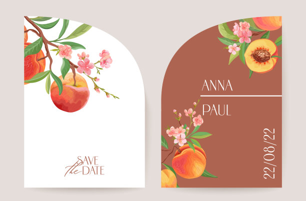 现代极简装饰艺术婚礼矢量邀请，植物桃波西卡。水果，树叶，热带花卉海报，花卉框架模板。保存日期树叶时尚设计，豪华小册子图片下载