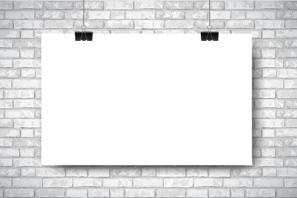 模型与空白的白色水平海报在白色砖墙的背景。新潮的组合布兰克空间框架背景。矢量插图的网络组合，海报模拟，广告图片下载