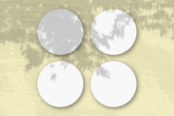 自然光从苹果的一个分支投射阴影在4张圆形的白色纹理纸上图片下载