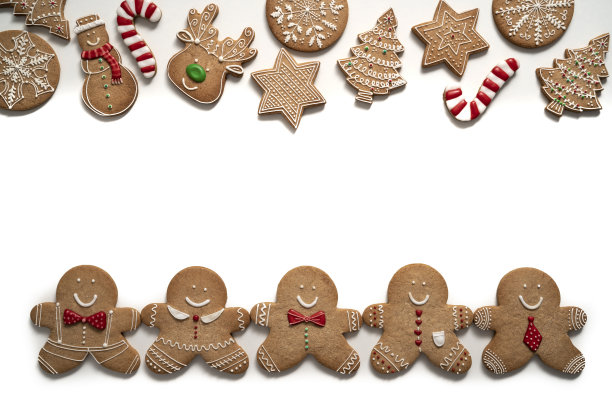 圣诞姜饼人饼干，雪人，星星，雪花，糖果手杖，驯鹿和冷杉图片下载