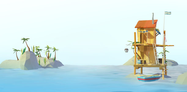 在珊瑚礁海小屋的3D渲染，旅游和度假概念低波利插图。图片下载