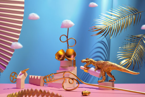 巨大的构图有恐龙、鸡蛋、脸部化妆油、t台、楼梯、棕榈叶和蓝色和金色的几何形状，美丽的概念。图片下载