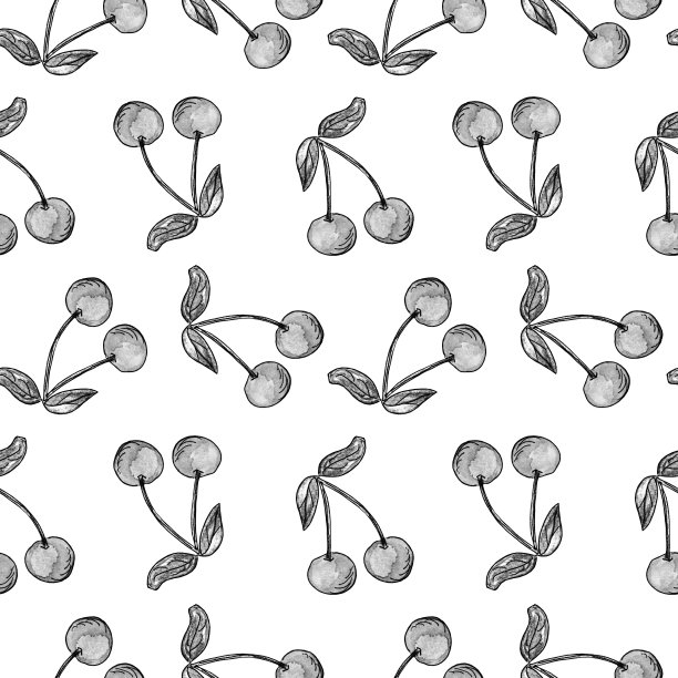 无缝黑白图案与樱桃。浆果与叶子在普通的背景。素描风格。图片下载