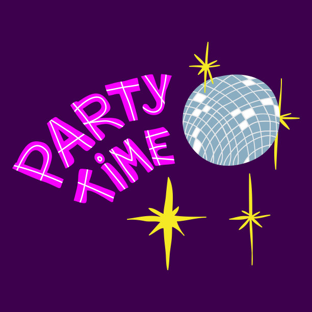派对时间。卡通矢量插图。独特的字体和镜像迪斯科球。图纸的海报，明信片或卡片在复古风格图片下载