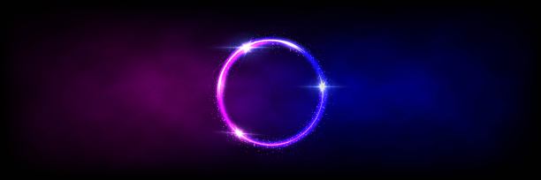 雾中的霓虹圆形或激光发光的粉红色和蓝色线条图片下载