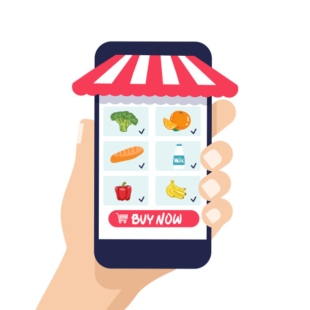 手握着电话。网上购物,超市。选择的产品。食品交付。平的风格。矢量插图，健康食品，蔬菜水果。网站横幅，网站商店信息图图片下载