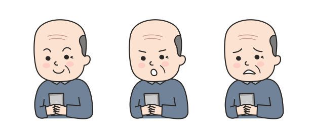 不同表情的老人使用智能手机。图片下载