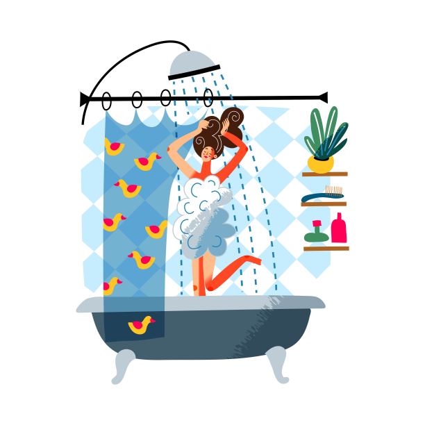 在浴室洗澡的女孩。年轻女子在清晨或傍晚站在浴缸里洗头。矢量图。每天在家的例行公事。现代室内设计图片下载