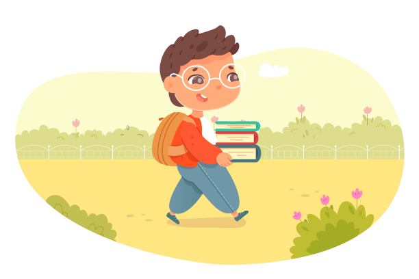 孩子们要在秋天学习。快乐的男孩手里拿着书在公园里散步。学习和初等教育矢量说明。九月里背着双肩包的可爱小学生图片下载