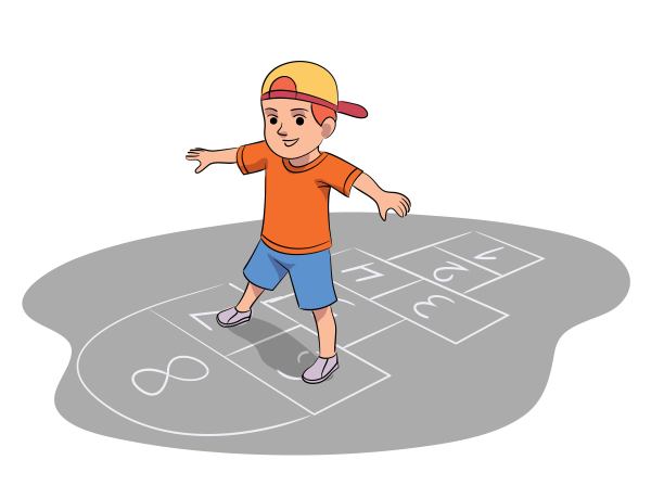 孩子们在外面玩跳房子游戏。快乐的男孩在操场上跳跃。有趣活跃的户外活动矢量插图。人行道上用粉笔写的数字图片下载