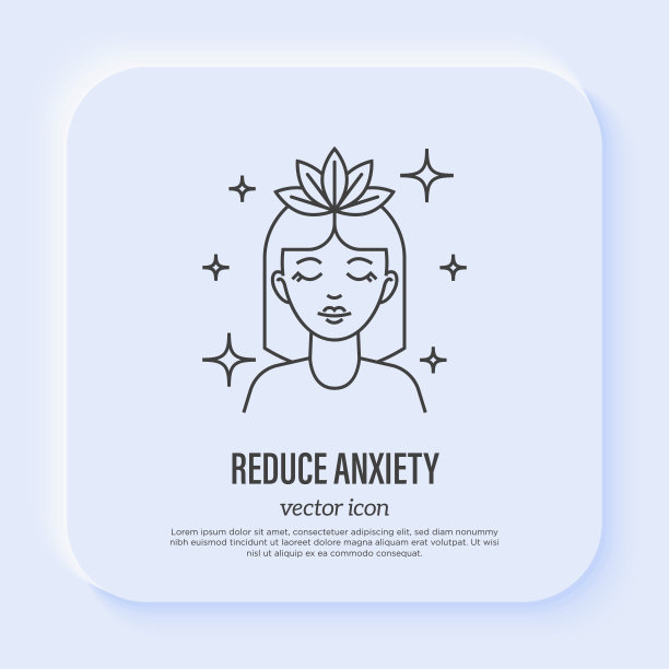 减少焦虑:年轻女子闭上眼睛放松。冥想。减轻头痛、偏头痛。细线图标。矢量插图。图片下载