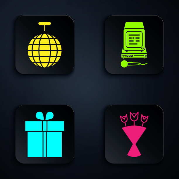 集花束，迪斯科球，礼盒和卡拉ok。黑色方形按钮。向量图片下载