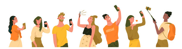 一群年轻时尚的男女拿着智能手机自拍。图片下载