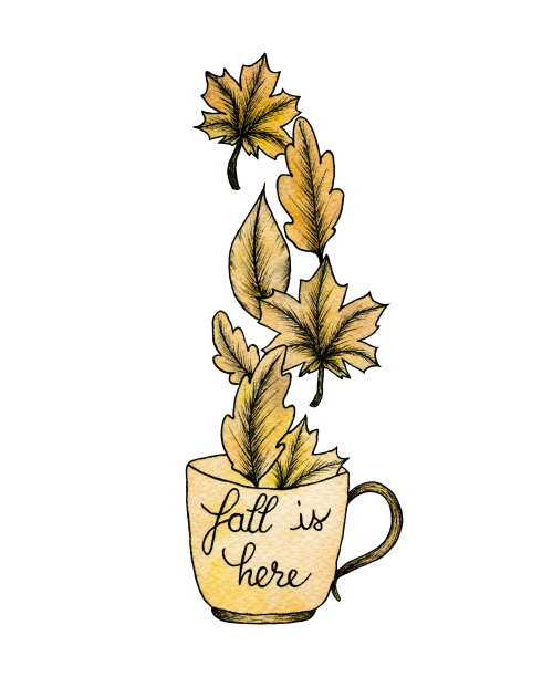 Vintage autumn插图与杯咖啡和落叶，秋天是这里的创意概念，手绘生锈的秋天设计图片下载
