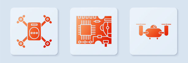 设置印刷电路板PCB，无人机飞行与行动摄像头和无人机飞行与行动摄像头。白色正方形按钮。向量图片下载