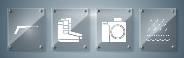 设置雨和浪，摄影相机潜水员，靴子和鱼叉。方形玻璃面板。向量图片下载