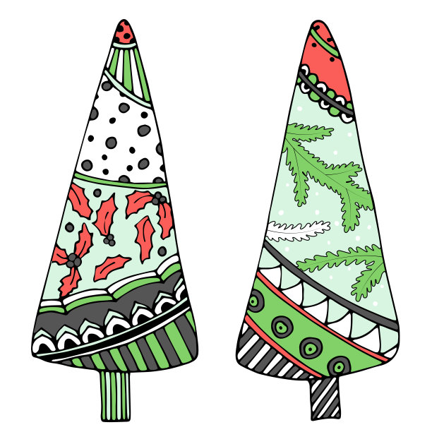 明亮的涂鸦圣诞树矢量对象在假日调色板。节日的家居装饰图片下载