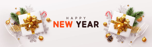 新年快乐横幅，圣诞礼物盒和雪花闪闪发光的装饰品，玻璃杯香槟。横向圣诞海报，贺卡，标题，网站。从上面观察的物体。平躺，俯视图图片下载