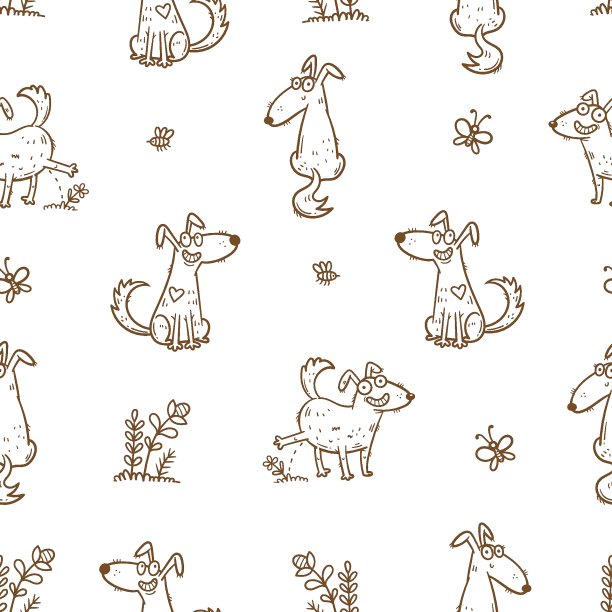 无缝图案与可爱的卡通狗在白色的背景。有趣的小狗在大自然中行走。用快乐的动物打印。向量涂鸦壁纸。图片下载