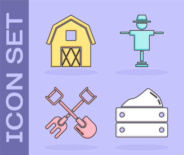 设置木箱与收获，农场的概念，铲和耙和稻草人的图标。向量图片下载