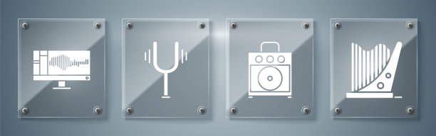 设置竖琴，吉他放大器，音乐音叉和声音或录音机在监视器上。方形玻璃面板。向量图片下载