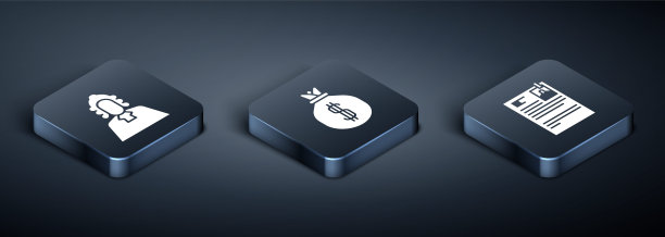 2.5D法官、诉讼文件与钱袋图标矢量素材图片下载