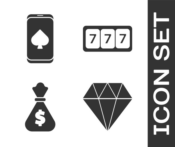 设置钻石，在线扑克桌游戏，钱袋和老虎机与幸运7头奖图标。向量图片下载