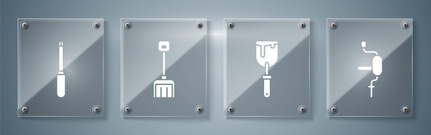 准备手钻，油灰刀，雪铲和螺丝刀。方形玻璃面板。向量图片下载