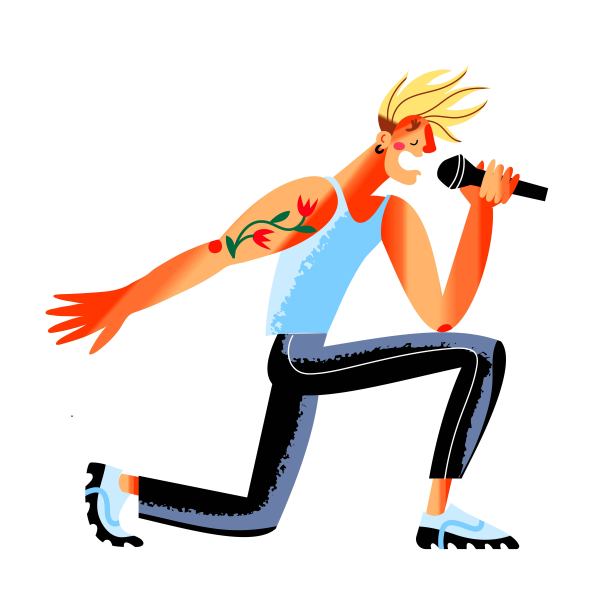 一名男子在音乐会舞台上演唱。在现代音乐节上拿着麦克风的歌手。流行的娱乐场景矢量插图。男性摇滚明星孤立在白色背景图片下载