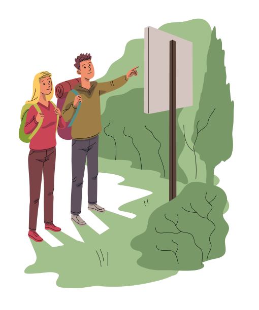 一对夫妇在森林里露营。一男一女背着背包在公园里旅行。旅游户外浪漫场景向量。快乐的女孩和男孩在黑板上看地图，男人指着图片下载