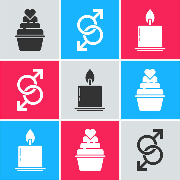 婚礼蛋糕与心脏，男性性别符号和燃烧的蜡烛图标。向量图片下载