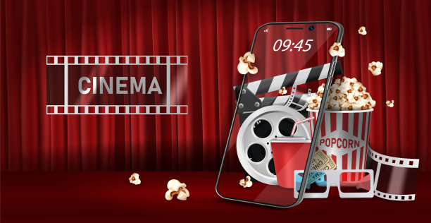 通过手机在线看电影。软饮料与爆米花和电影条纹电影的概念。Eps10现实矢量插图。图片下载