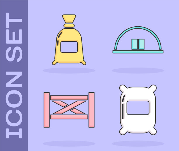 集袋面粉，袋面粉，花园栅栏木制和机库图标。向量图片下载