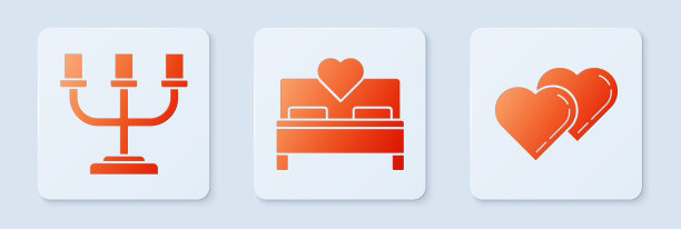设置卧室，烛台和两颗相连的心。白色方形按钮。向量图片下载