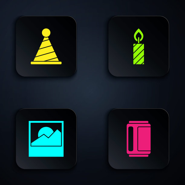 啤酒罐，派对帽，照片和生日蛋糕蜡烛。黑色方形按钮。向量图片下载