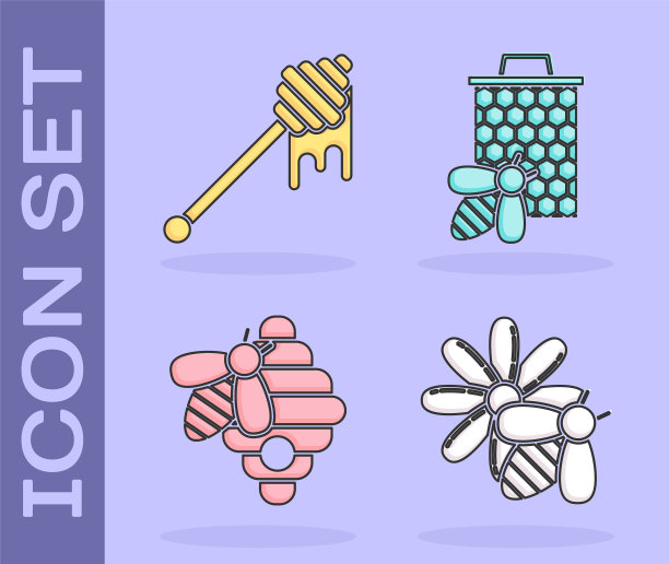 设置蜜蜂和花，蜂蜜勺与滴蜂蜜，蜂箱蜜蜂和蜂房图标。向量图片下载