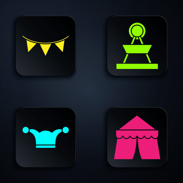 设置马戏团帐篷，带有旗帜的狂欢节花环，带铃铛的小丑帽和吸引力旋转木马。黑色方形按钮。向量图片下载
