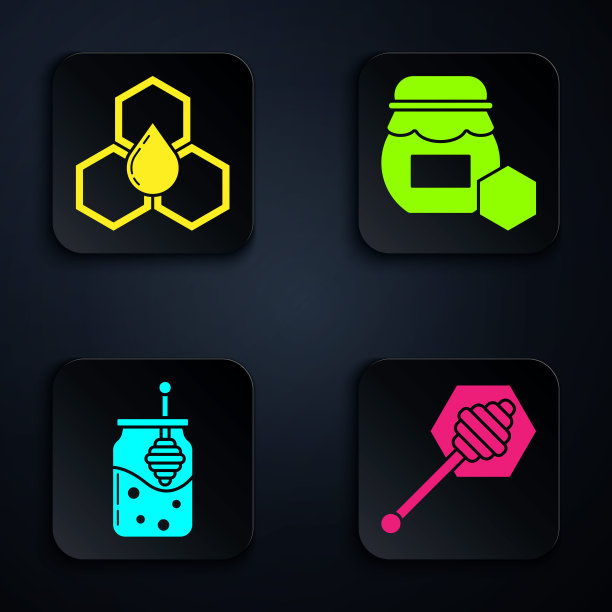 设置蜂蜜勺棒，蜂巢，罐子的蜂蜜和蜂蜜勺棒和罐子的蜂蜜。黑色方形按钮。向量图片下载