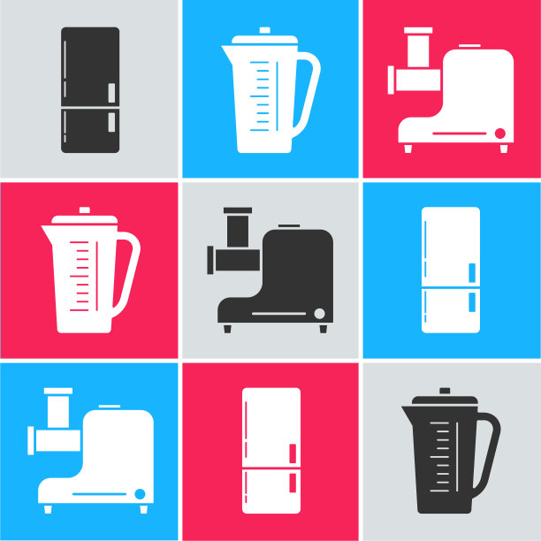 设置冰箱，量杯和厨房绞肉机图标。向量图片下载