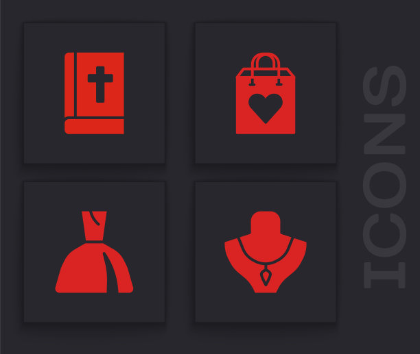 在人体模型上设置项链，圣经，心形购物袋和女性服装图标。向量图片下载