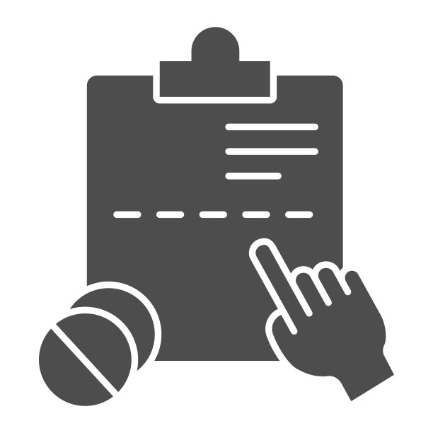 患者问卷和药丸固体图标，医学概念，处方形式的白色背景标志，医疗调查和药物图标在移动，web字形风格。矢量图形。图片下载