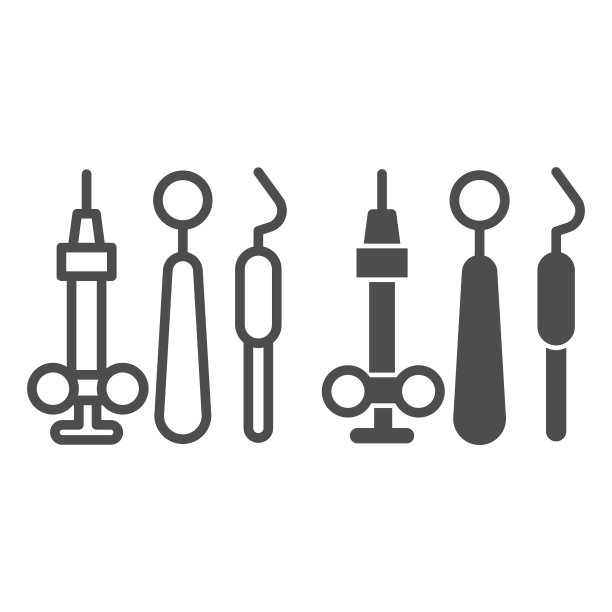 牙科器械线和固体图标，医疗概念，牙科镜，探针和钩标志的白色背景，牙科工具图标轮廓风格的移动概念和网页设计。矢量图形。图片下载