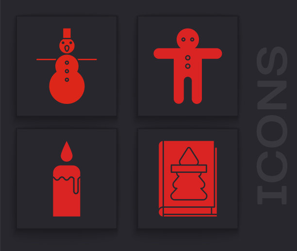 设置圣诞书，圣诞雪人，节日姜饼人饼干和燃烧的蜡烛烛台图标。向量图片下载