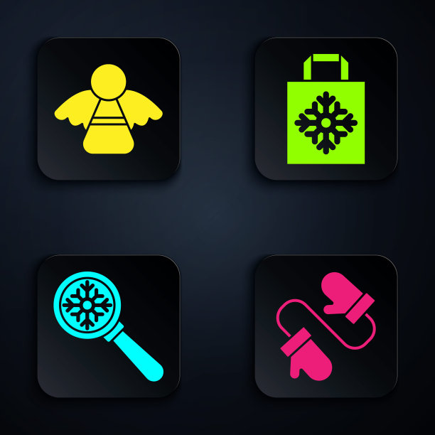 一套圣诞手套，圣诞天使，雪花放大镜和圣诞纸袋。黑色方形按钮。向量图片下载