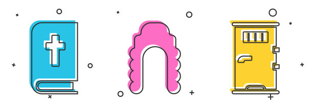 设置圣经书，法官假发和监狱的门图标。向量图片下载