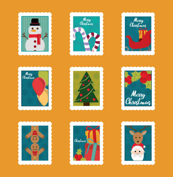 圣诞快乐邮票套装，雪人、拐杖糖、圣诞树、圣诞老人等图片下载