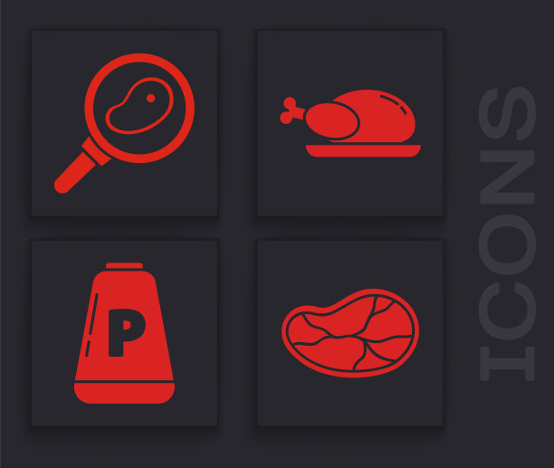 设置牛排肉，牛排在煎锅，烤火鸡或鸡肉和胡椒图标。向量图片下载