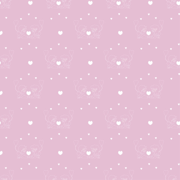 无缝模式。孩子们收集。可爱的孩子天使-一个女孩和一个男孩气球和心形。粉红色背景上的白色轮廓画。向量。用于情人节，纺织品，包装，装饰图片下载