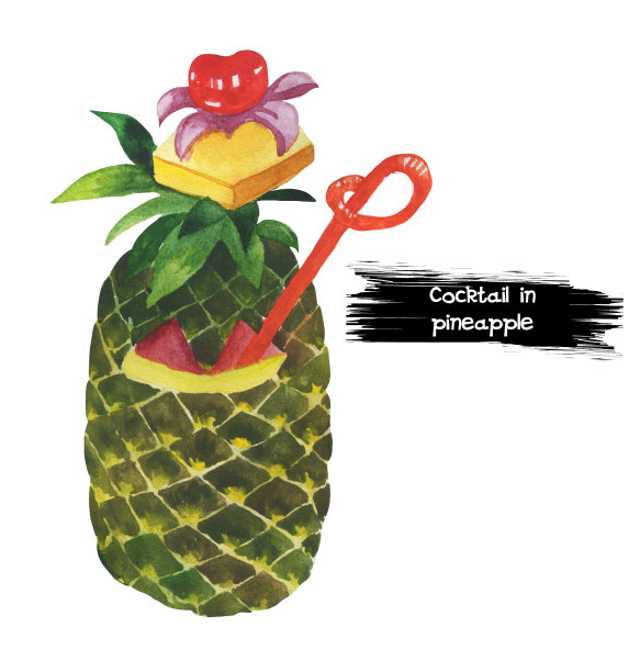 鸡尾酒好喝，在菠萝上隔离白色。新鲜的热带异域菠萝鸡尾酒配菠萝。提供异国情调的饮料在香蕉水果与稻草和伞，顶部的花。图片下载